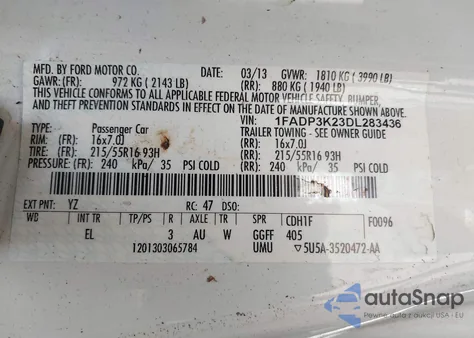 2013 Ford Focus Se z USA, uszkodzony, nr VIN 1FADP3K23DL283436